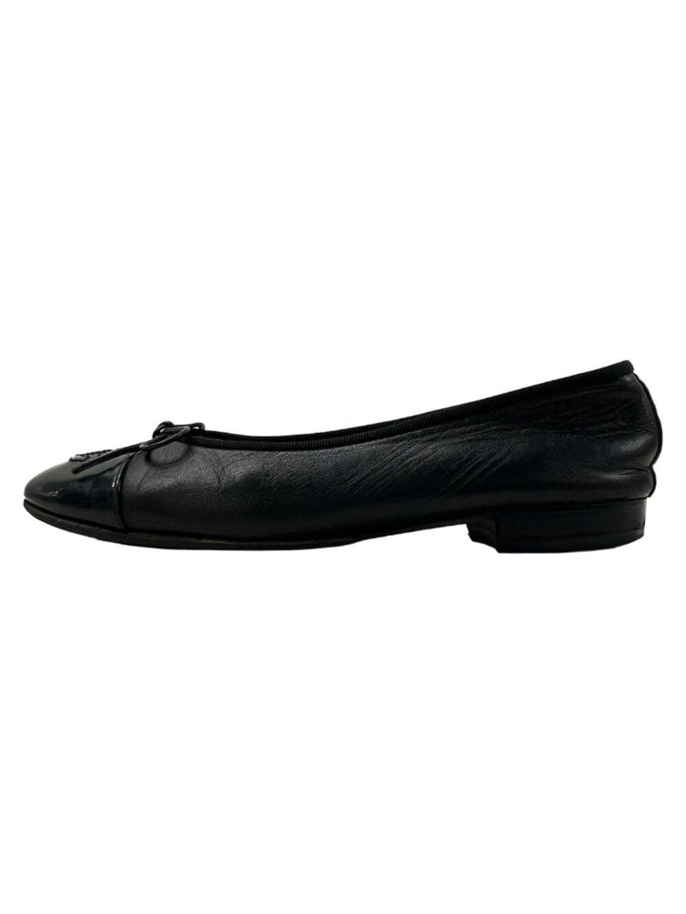 Chanel Flat Shoes Black Ribbon CC Logo Leather